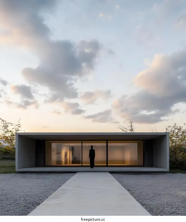 Modern Concrete House with Large Windows and a Person Standing in Front