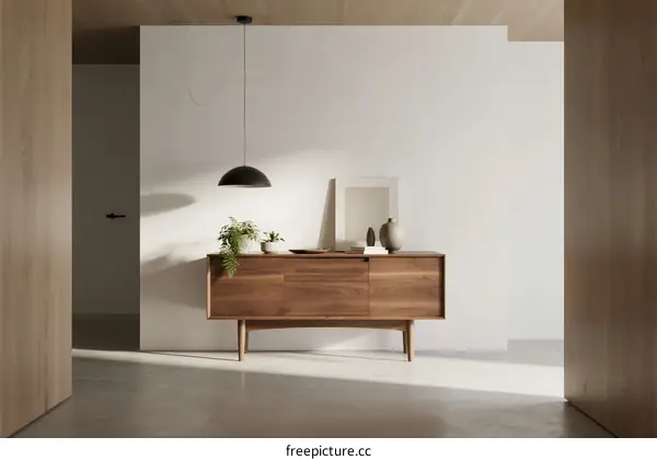 Modern wooden sideboard with decorative items in a minimalistic room
