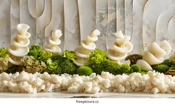 Abstract Art with White Mushrooms and Green Moss