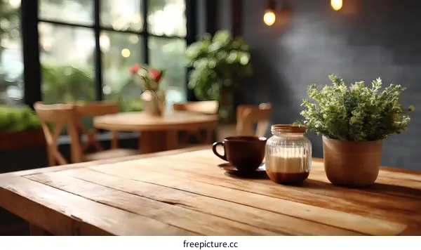 Wooden Cafe Table with Coffee and Plants