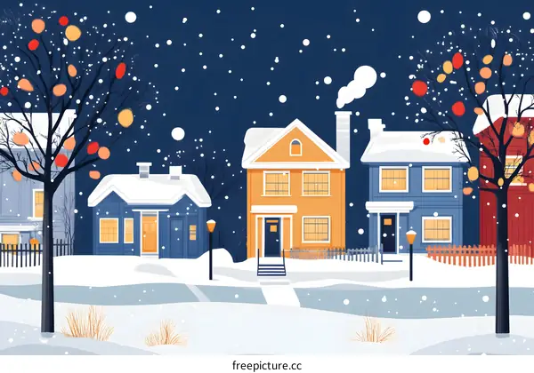 Snowy Night Scene with Houses and Trees
