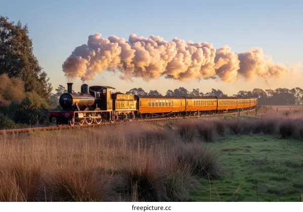 A steam train with a long plume of white smoke chugs through a rural field at sunrise