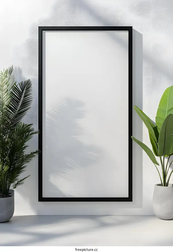 Blank Canvas Mockup with Palm Leaves and Shadows on White Wall