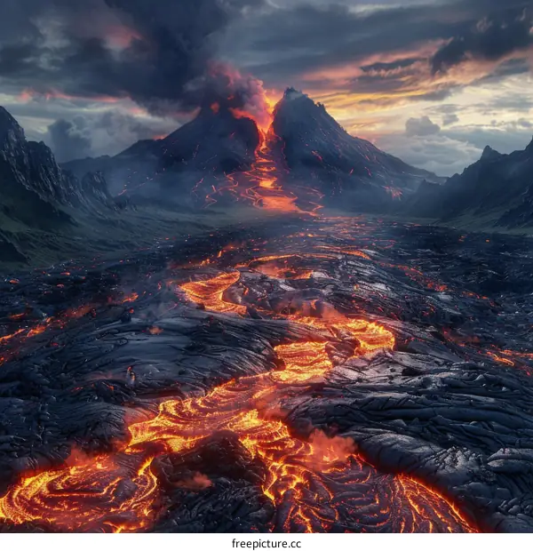 Molten Lava Flowing Down a Mountainside During a Volcanic Eruption