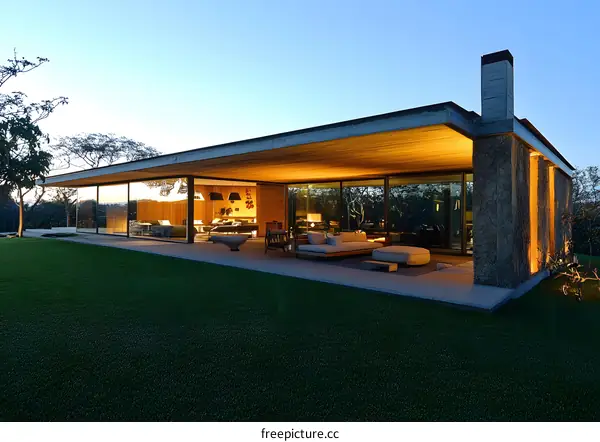 Modern Minimalist Architecture House with Large Glass Windows and a Stone Facade