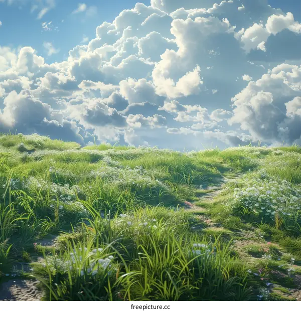 Idyllic Meadow with Wildflowers under a Cloudy Sky