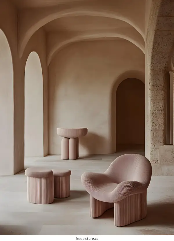 Modern Architectural Interior Design with Pink Armchair and Round Table