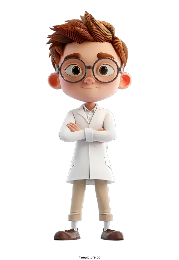 [Transparent Background PNG]3D rendering of a cartoon character of a young boy wearing glasses and a lab coat