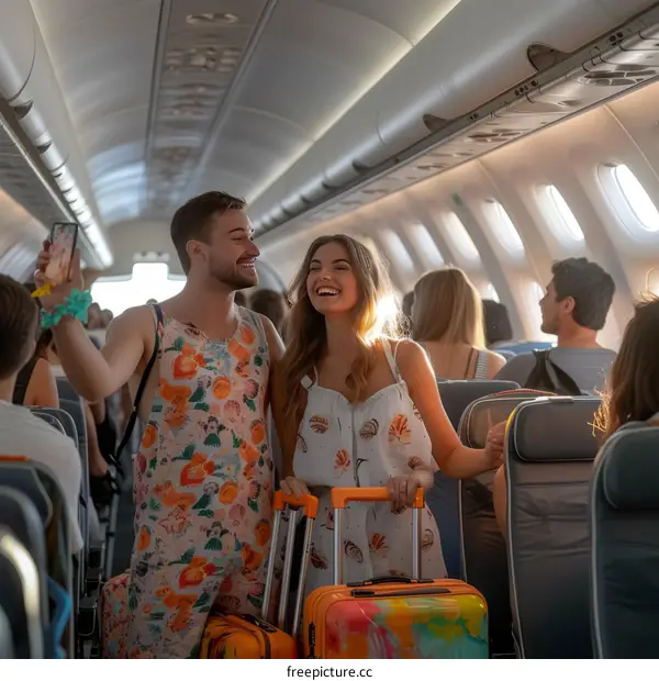 Happy couple taking selfie on the plane