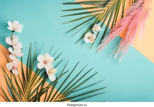 Tropical Leaves and Flowers on a Blue and Orange Background
