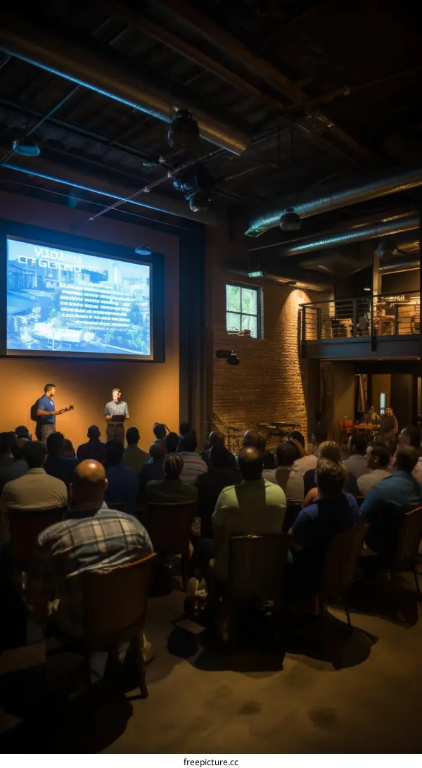 Business people in a conference room watching a presentation on a large screen