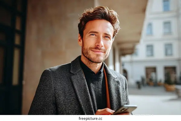 Caucasian Man Outdoors Using Smartphone