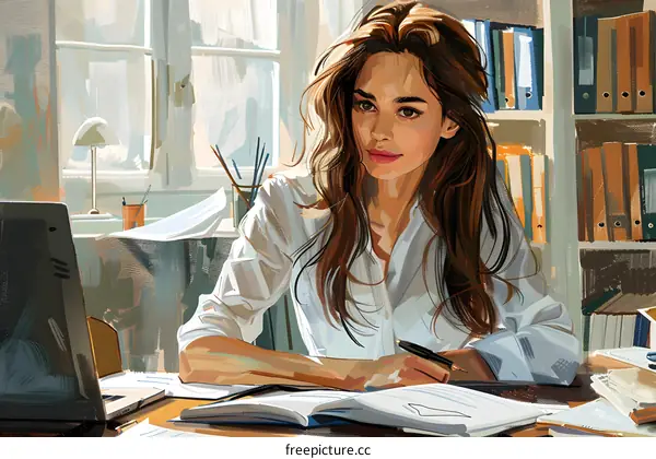Illustration of a businesswoman working at her desk