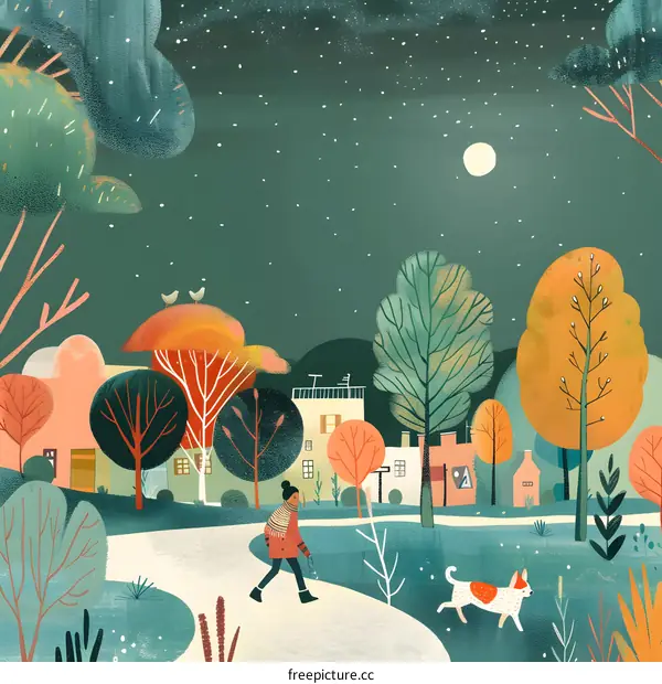 Woman Walking Her Dog in the Night