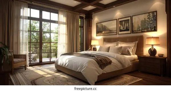 A bedroom with a large bed, a sitting area, and a balcony.