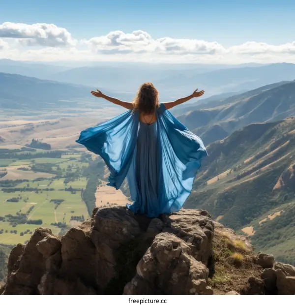 A woman standing on a cliff with her arms outstretched, wearing a blue dress