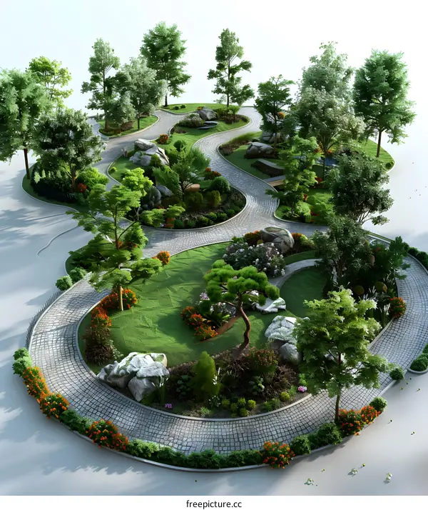 A birds eye view of the landscape design of the park