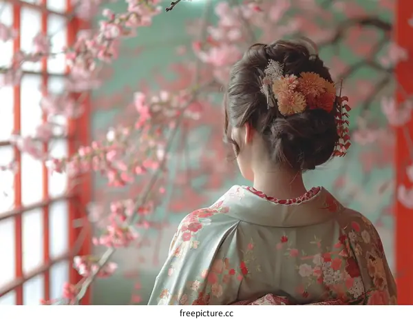 A woman wearing a kimono is standing in a room with a cherry blossom tree.