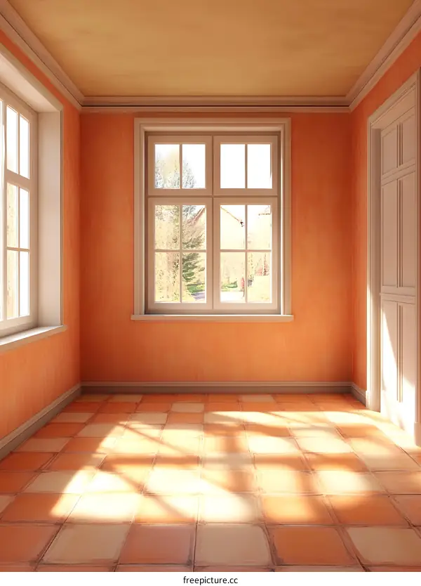 Orange Room With Tiled Floor and Window