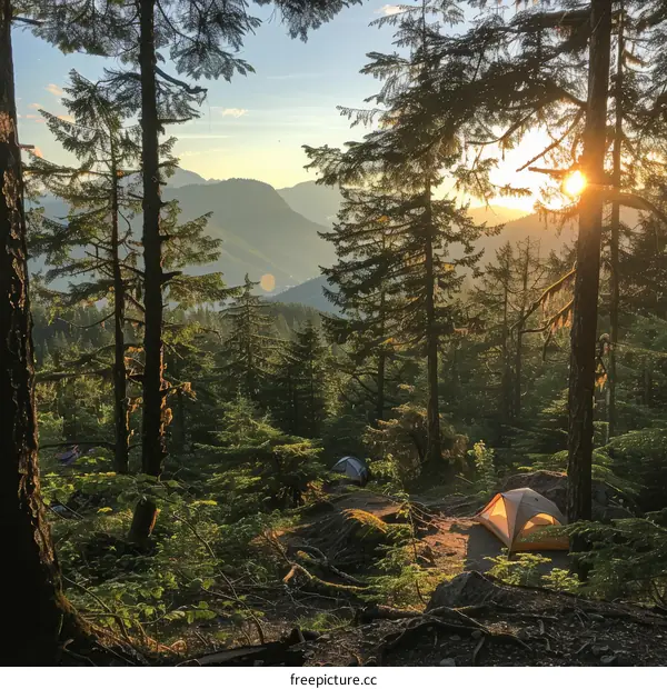 Camping Under the Mountain at Sunset