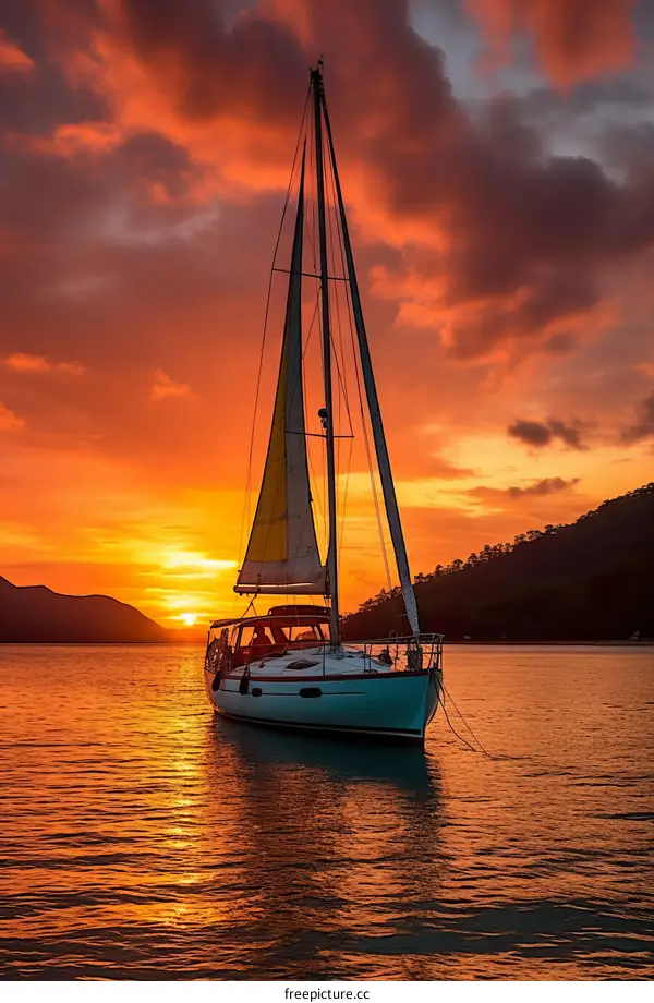 Sailboat on the Calm Water at Sunset
