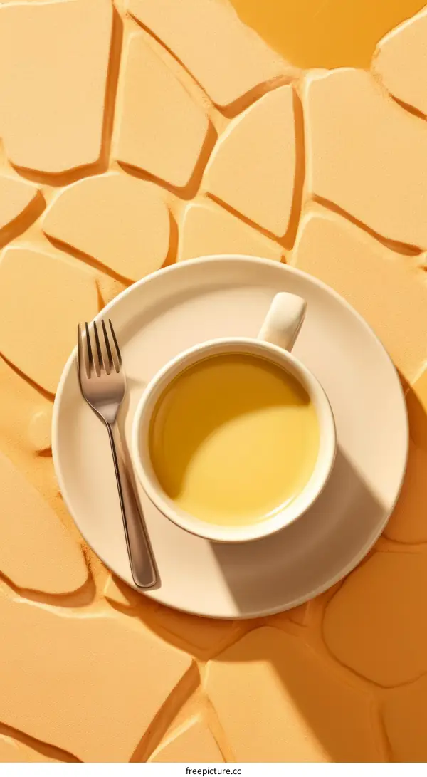 Steaming Cup of Milk Tea with Fork on Saucer