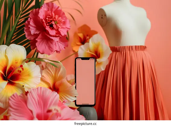 Mobile Phone with Pink Flowers Background