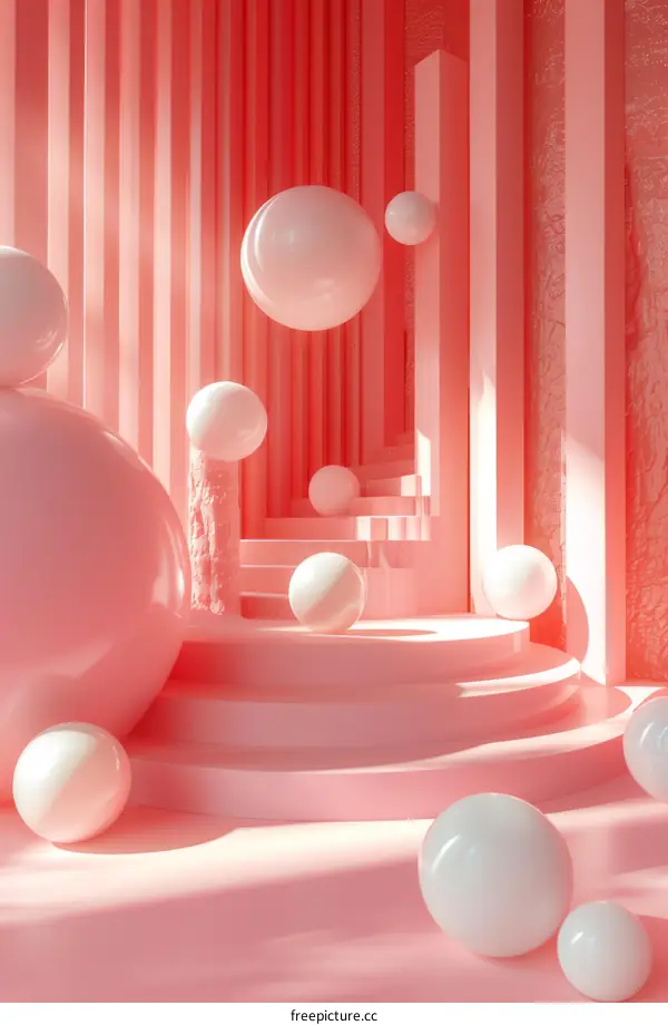 Pink abstract background with geometric shapes and spheres