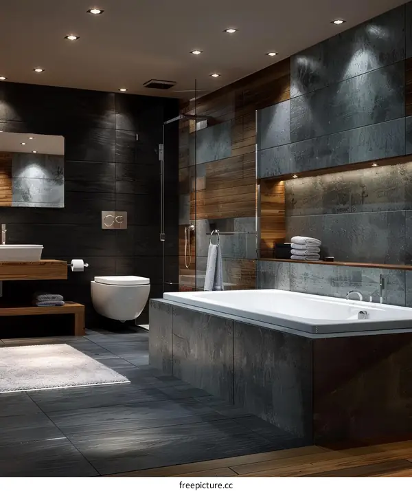 Modern bathroom interior with dark tiles and wooden elements