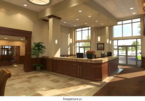 Modern Lobby Interior Design with Reception Desk and Windows