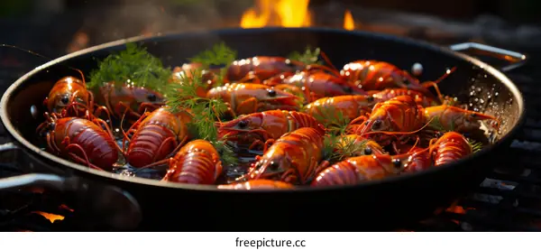 A delicious plate of crayfish is being cooked over an open fire