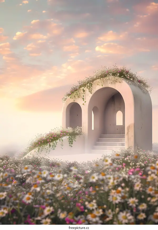 White Archway Structure In A Flower Field