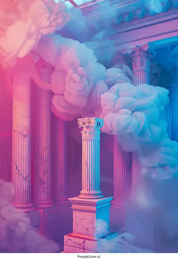 Pink and Blue Smoke Surrounding Classic Roman Columns