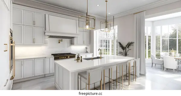 Modern Kitchen Interior Design with White Cabinets and Gold Accents