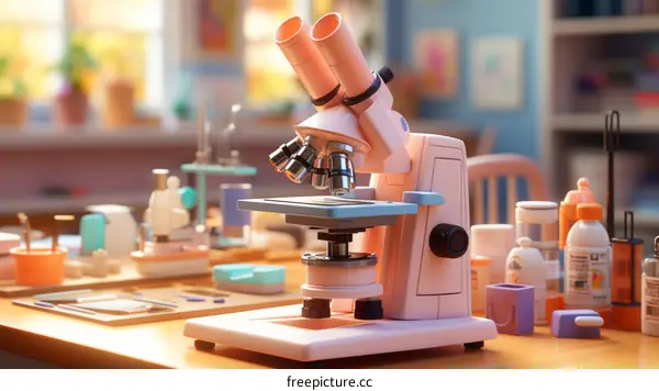 A close-up image of a pink microscope on a table