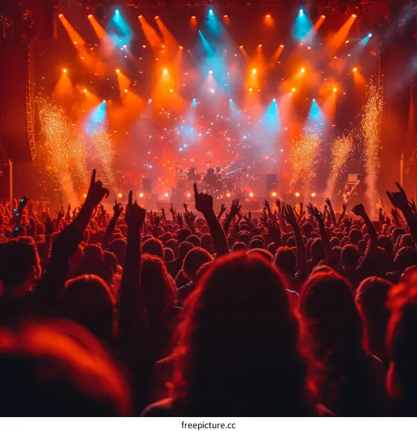 A large crowd of people at a concert with their hands raised in the air