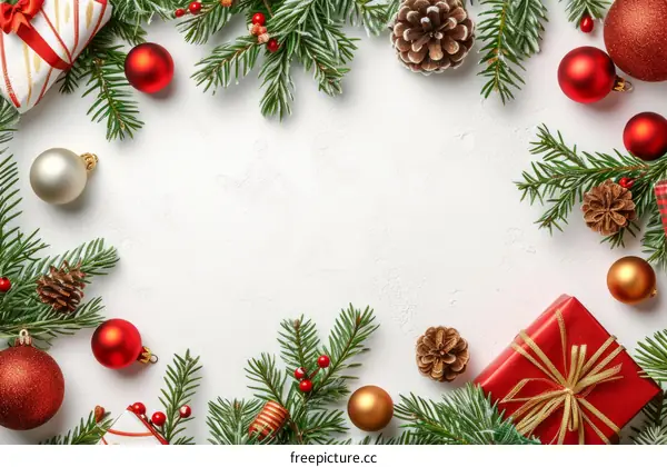 Christmas background with fir branches, red and gold ornaments, and gifts