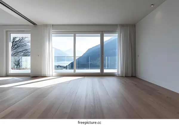 Modern Living Room With Large Windows And Mountain View