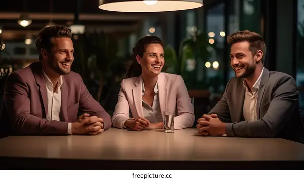 Three business people sitting at a table and talking