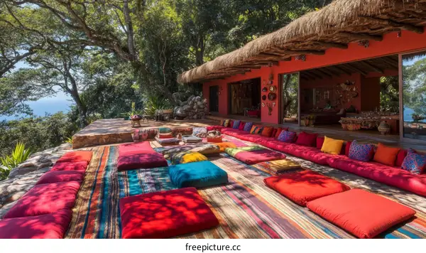 Colorful Outdoor Lounge Area with Ocean View