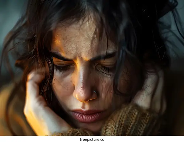 portrait of a sad woman with brown hair and freckles