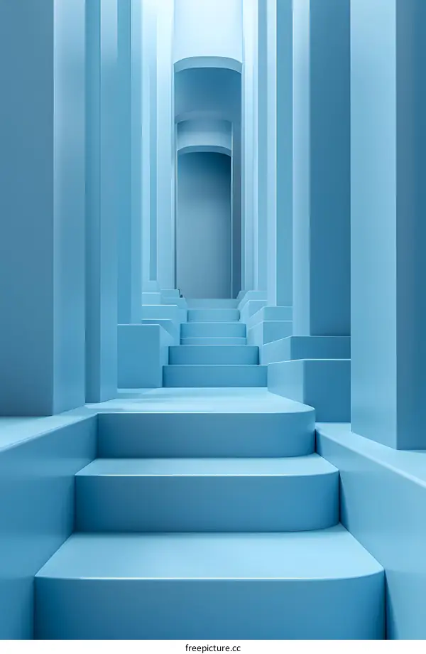 Abstract Minimalist Blue Stairway and Columns in an Empty Hallway