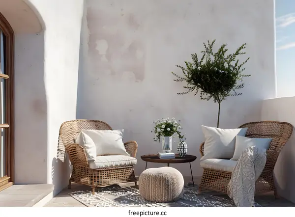 Wicker Chairs with Cushions and a Rug on a Patio
