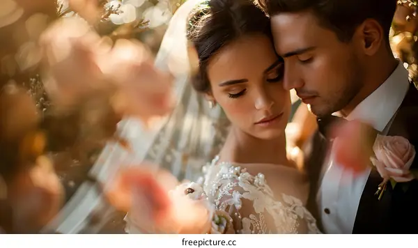 The bride and groom are deeply in love in the flowers on their wedding day