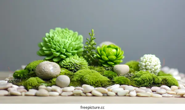 Green Succulents and Moss Arrangement with White Stones