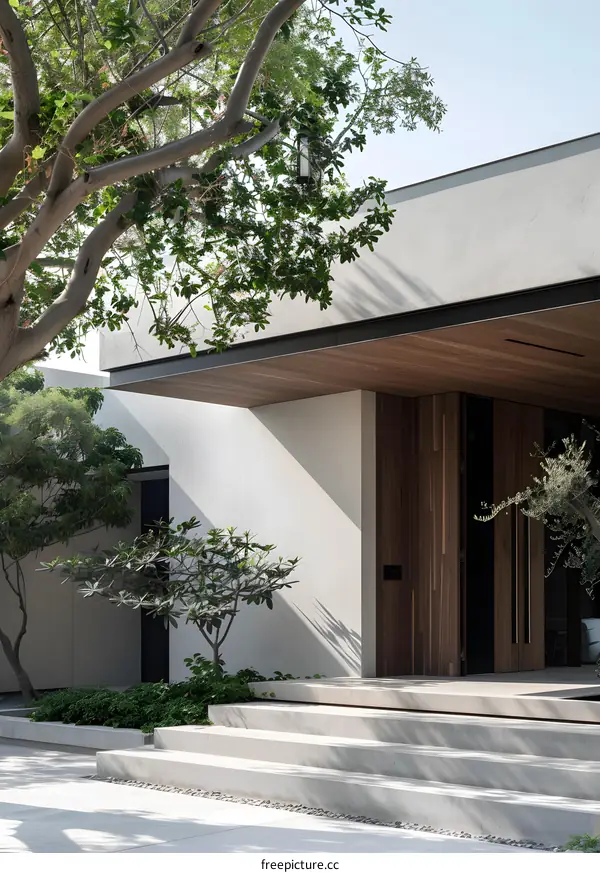 Modern Minimalist Home Exterior with Lush Greenery