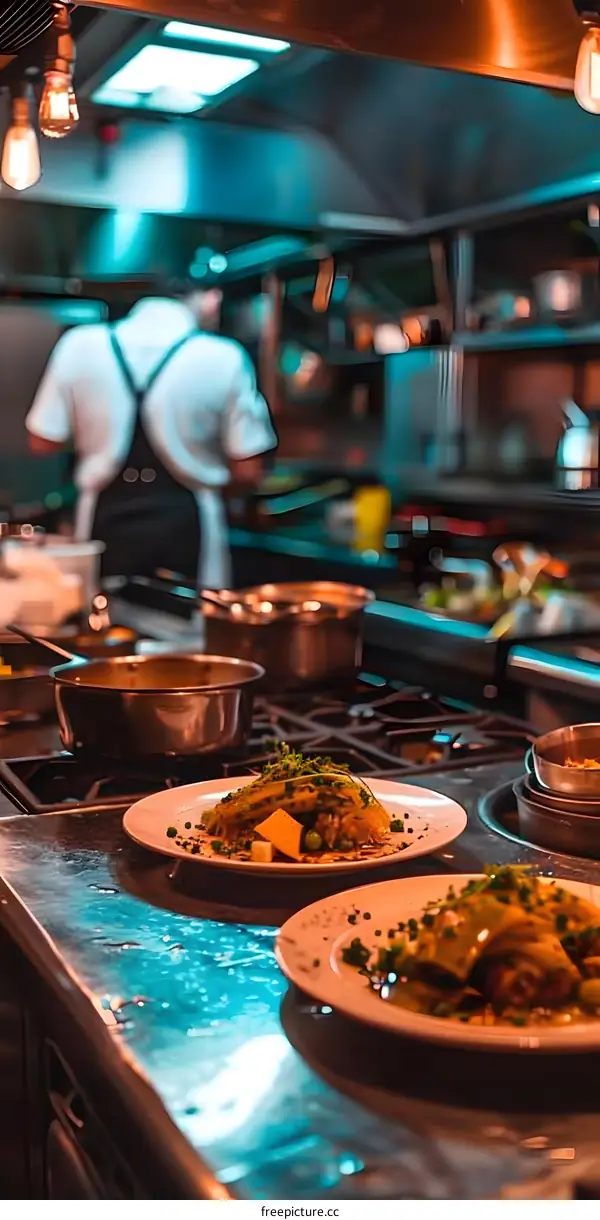 Restaurant Kitchen with Chef and Two Plates of Food