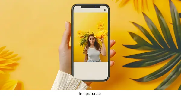 Woman Holding Phone with Yellow Background and Flowers
