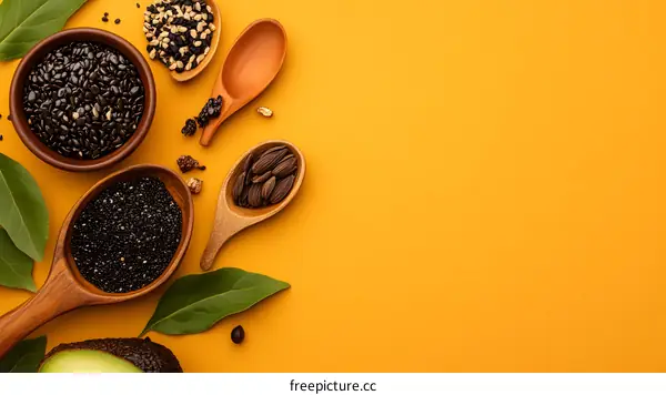 Healthy Superfoods Chia Seeds Sunflower Seeds and Avocado on Yellow Background