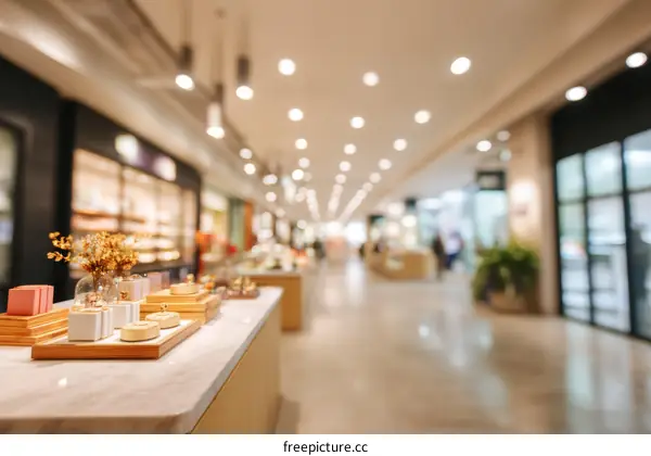 Blurred View of a Shopping Mall Corridor with Displays